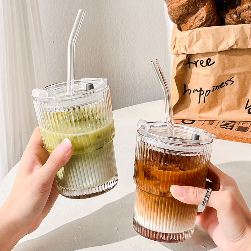 Vertical striped coffee cup, iced Americano latte cup, ins style, high appearance level, covered straw cup, household water cup, glass cup Specification drawing