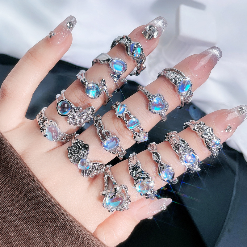 Moonstone open ring with unique texture for women on Instagram, with a cold and cool style, sweet and fashionable, niche and high-end feel full figure