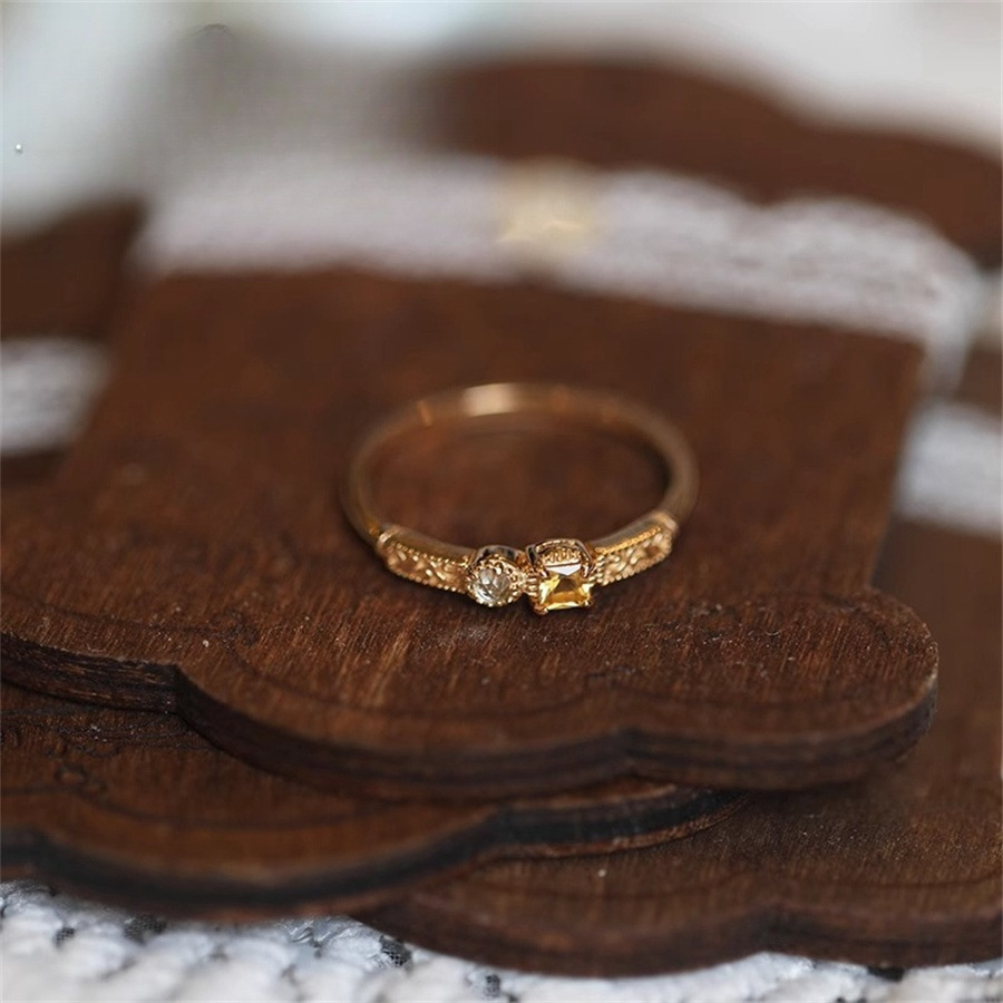 Sea salt lemon tea Japanese-style retro exquisite yellow crystal zircon ring, women's light luxury high-end, versatile open ring details Picture