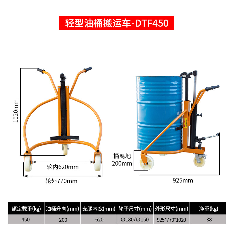 Hand-pushed hydraulic oil drum transporter, eagle-beak bite mouth, iron drum, plastic drum trolley, oil drum fixture undefined