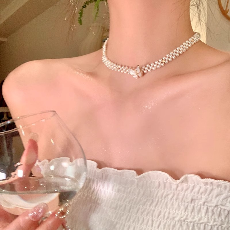 Gentle mother-of-pearl butterfly multi-layer pearl necklace for women, light luxury, niche feel, fashionable and versatile neckchain, collarbone chain for women Specification drawing