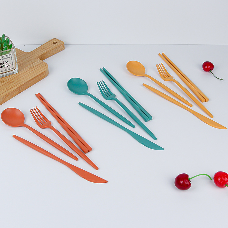 Cross-border portable wheat straw tableware set, plastic knife, fork, spoon, chopsticks and tableware four-piece set, gift manufacturer wholesale Specification drawing