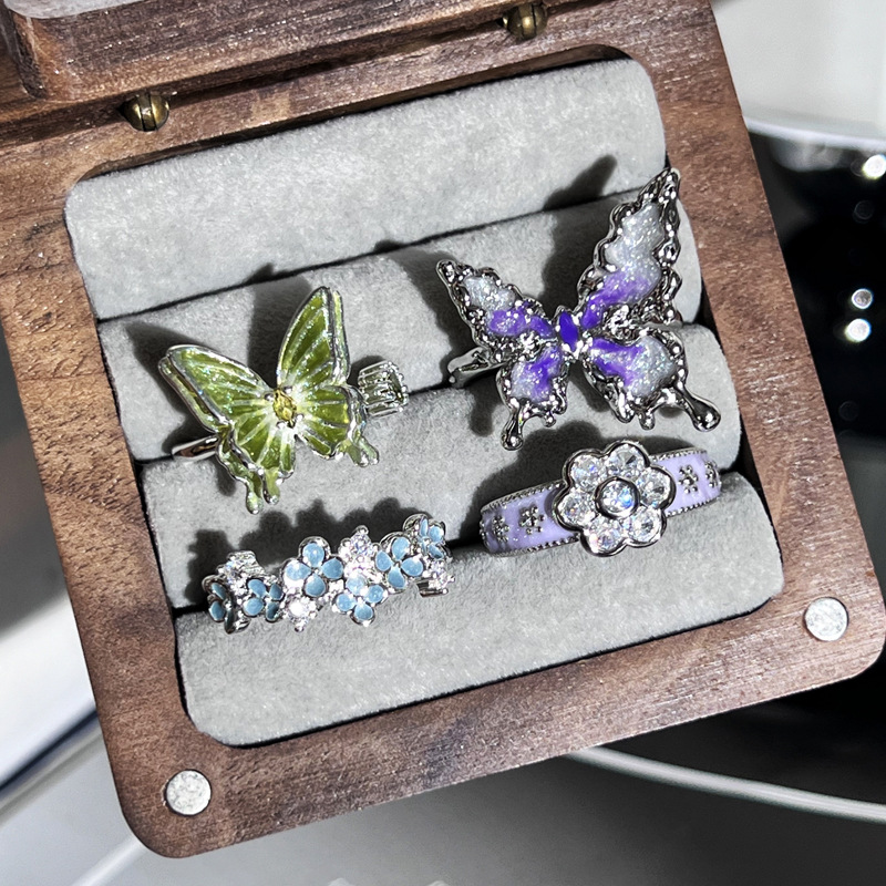 Spring and Summer new style, high appearance level, retro taro purple drip glaze elegant ring, women's flower butterfly light luxury high-end ring Specification drawing