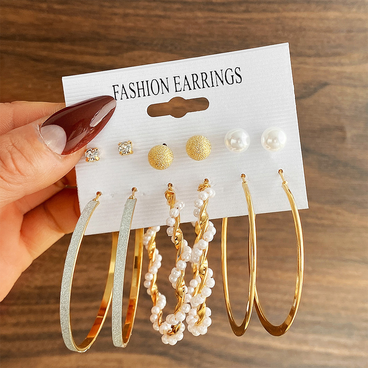Wholesale of a set of 6 pairs of frosted diamond-encrusted pearl large ring earrings from Europe and America, which are best-selling cross-border products full figure