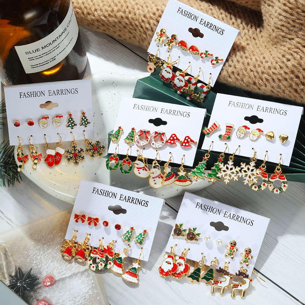 Christmas Series Snowflake bell stud Set, a popular export product. Cartoon oil-dripping elk old man earrings for women Application Scenario