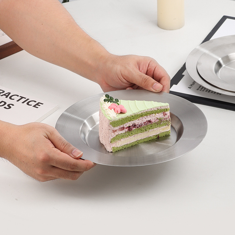 Nordic stainless steel cake and dessert plates, flat-edge vegetable plates, round plates, restaurant trays, ins grilled meat snack plates, steak plates details Picture