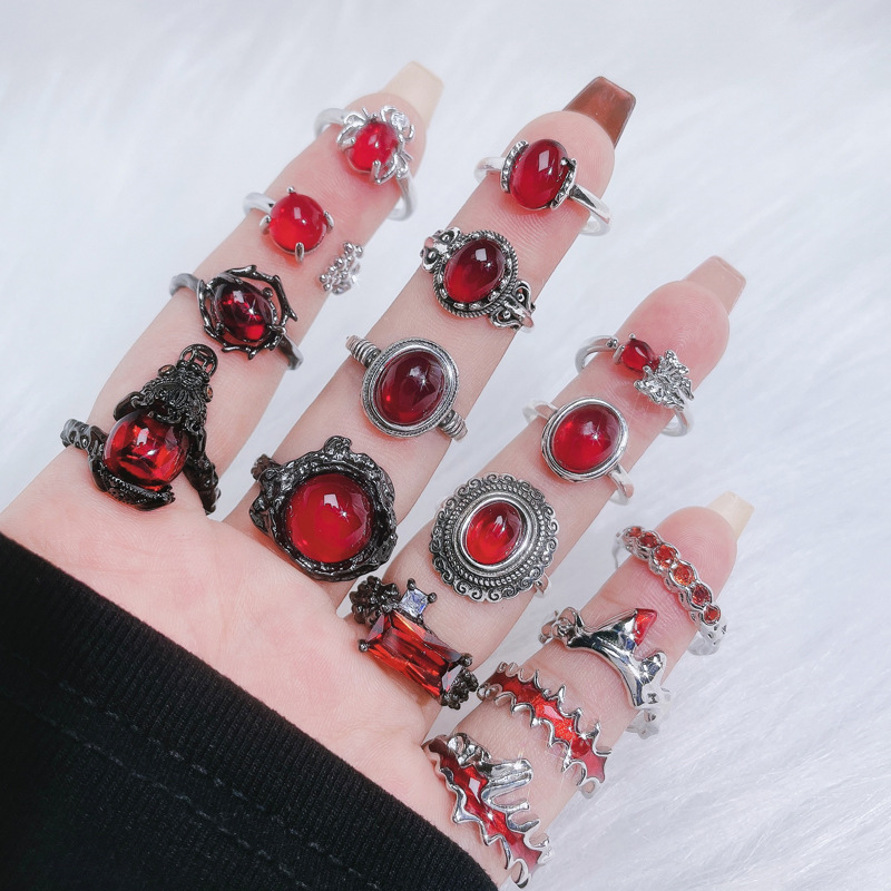 Dark style, trendy and cool red gemstone open ring, elegant and refined, fashionable and versatile ring for women Specification drawing