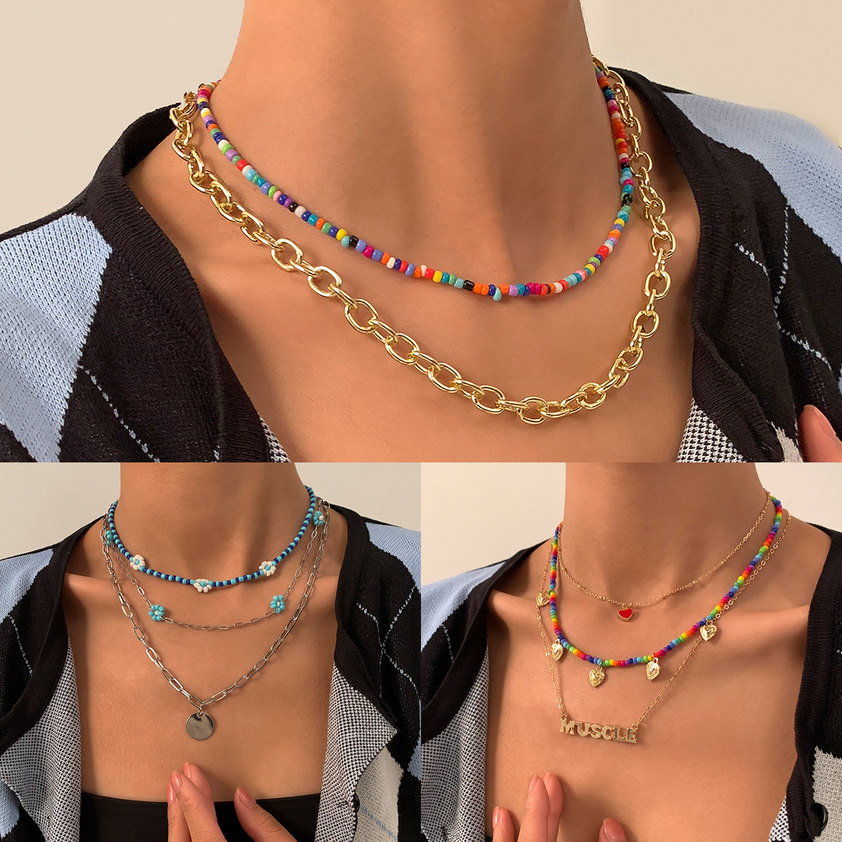 European and American retro color-blocking rice beaded necklace for women, simple Bohemian style hand-woven necklace details Picture