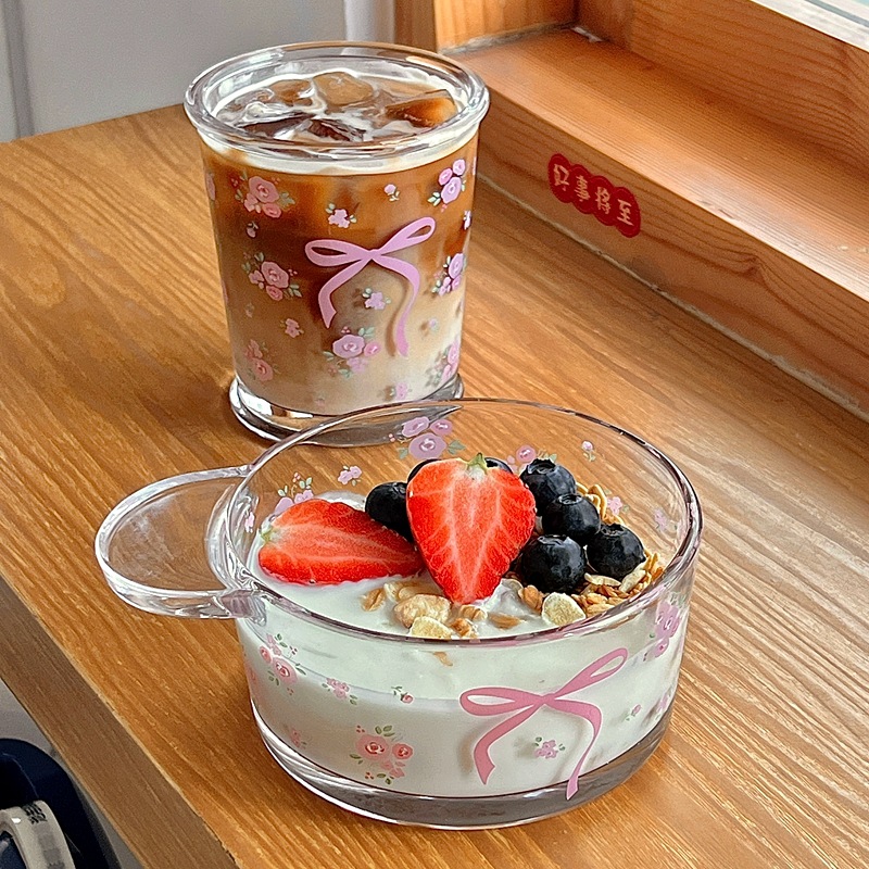 Original French rose glass cup, bow floral cold brew cup, couple milk cup, coffee breakfast cup with a girlish heart full figure