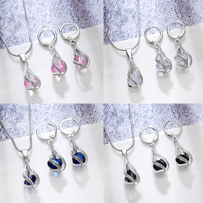 Cross-border best-selling zircon crystal jewelry set for women, European and American retro creative design rotating water drop necklace earrings, trendy details Picture