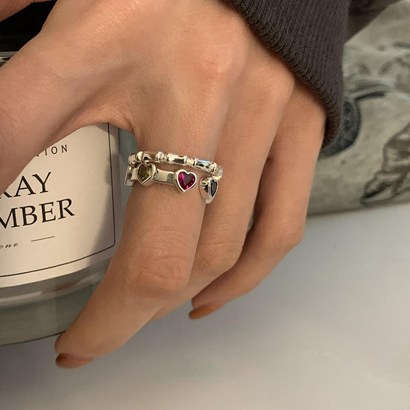 A Korean version of a niche design with a high-end feel, a colorful heart-shaped bamboo joint ring, a fashionable and personalized index finger ring for women on Instagram Specification drawing