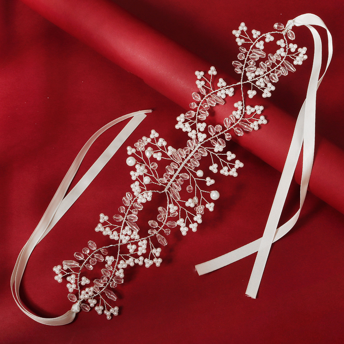 Exquisite and beautiful wedding headwear from Europe and America, handcrafted beaded headband, new fashionable millet beaded bride headband Specification drawing
