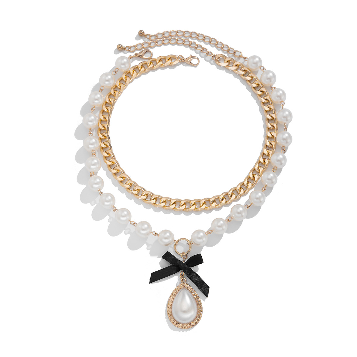 European and American cross-border jewelry, fashionable alloy beaded multi-layer necklace, light luxury style, teardrop-shaped pearl pendant, collarbone chain Item Picture