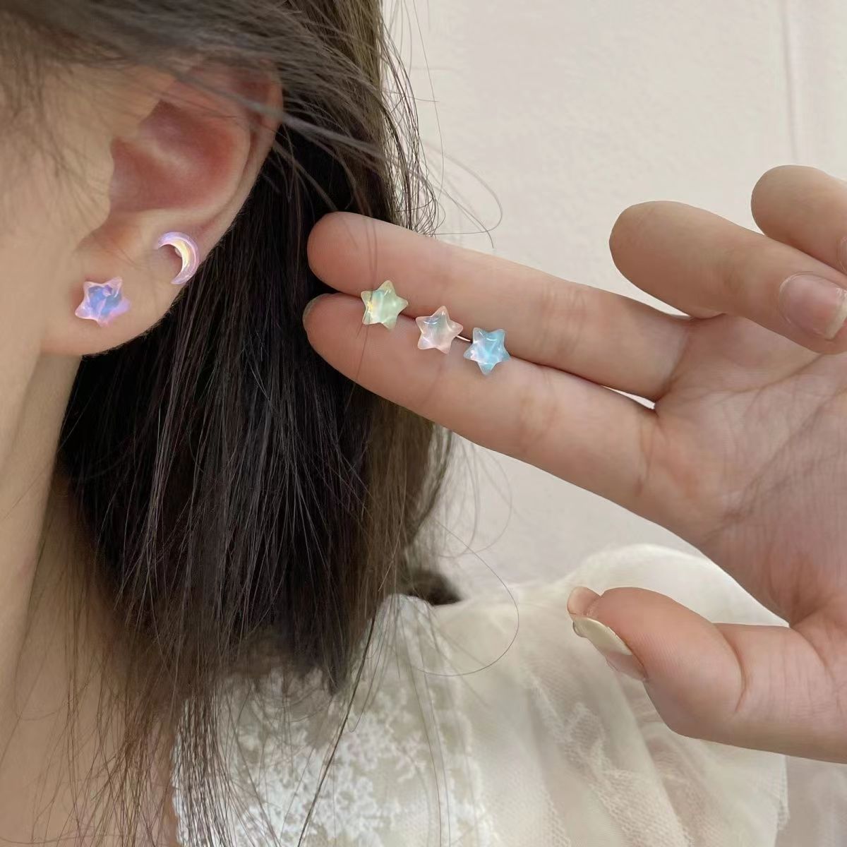 Star and Moon by your side ~ A fresh, mini and shiny set of stud earrings for girls, sweet and cute, versatile forest-style clear and transparent earrings details Picture