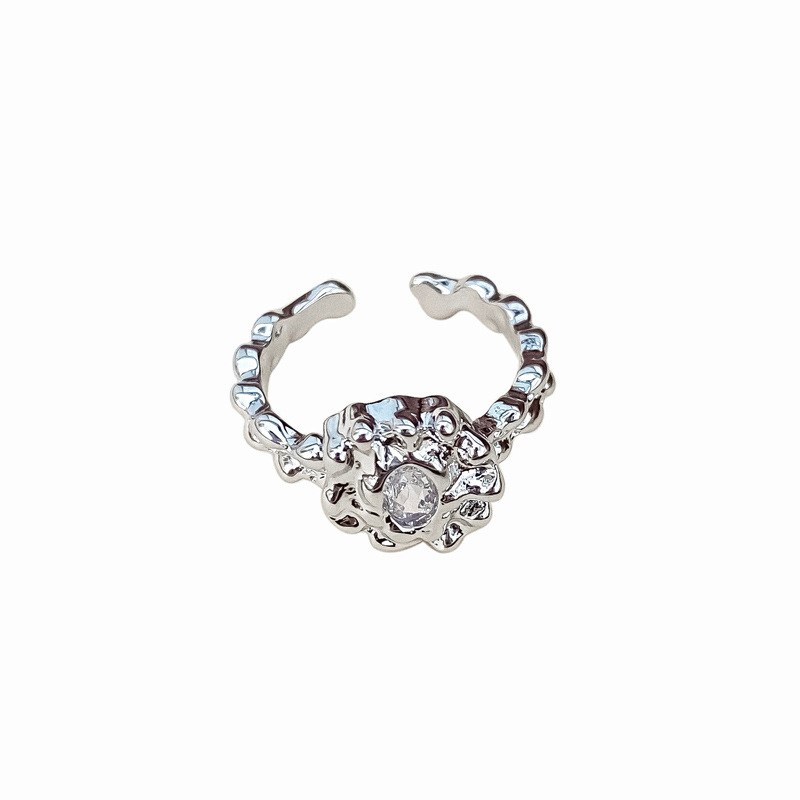 Irregular-shaped pleated texture open ring for women, zircon, individual, simple and cold style, niche design sense ring Item Picture