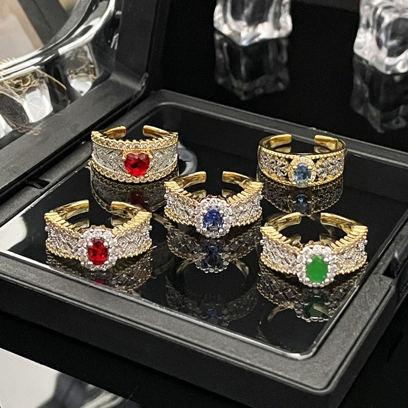 European and American cross-border colored gemstone vintage hollowed-out fashionable open ring for women to wear in layers, retro, individual, niche and high-end style ring full figure