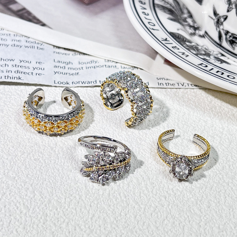 Spring new two-color heavy industry full diamond retro open ring, women's light luxury and high-end, court-style quality index finger ring full figure