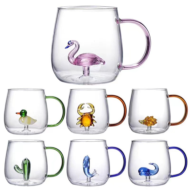 Creative three-dimensional glass cup, high-temperature resistant household high borosilicate milk coffee cup with handle, high appearance level office water cup Item Picture