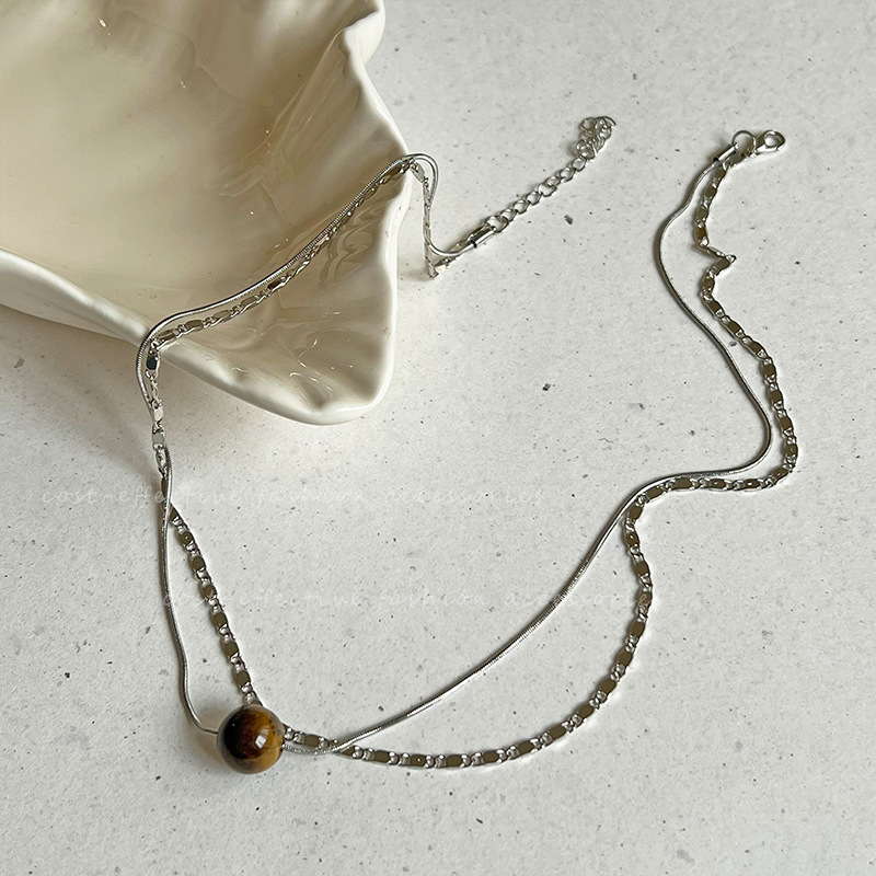 Double-layer tiger's eye stone spliced necklace, women's fashionable, simple and versatile sweater chain, niche design sense, new accessory wholesale Specification drawing