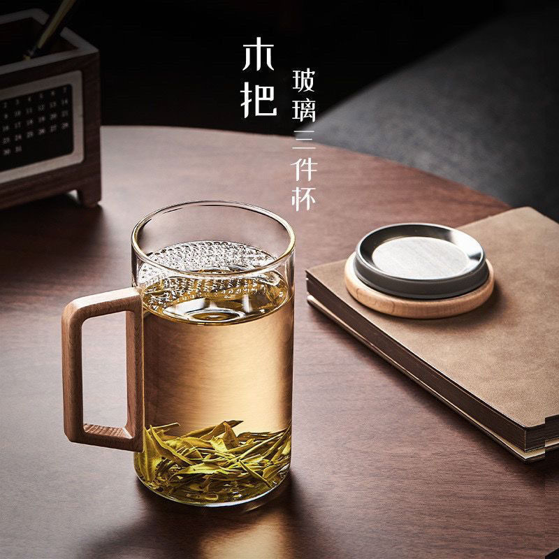 Factory wholesale large-capacity crescent-shaped transparent glass cups, office covered filter tea brewing cups, high-temperature resistant drinking cups Specification drawing