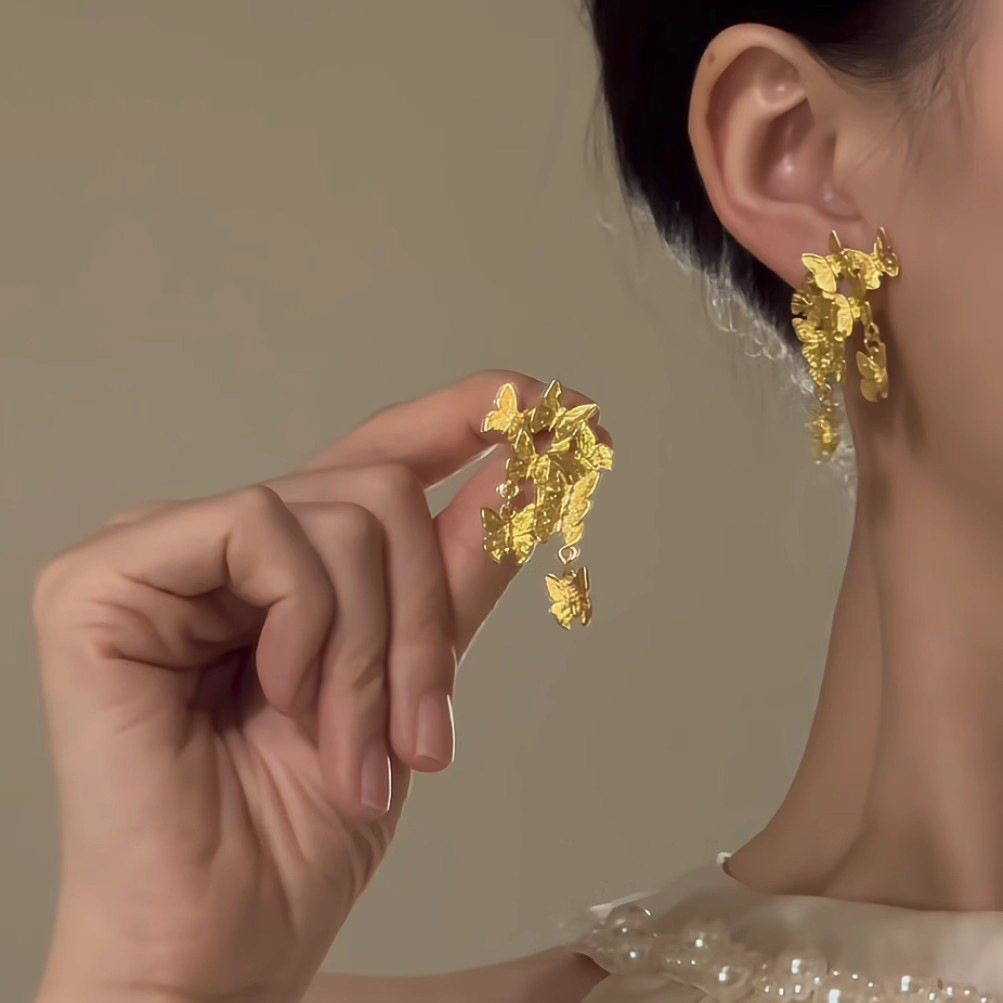 "Group of Butterflies Dancing: Retro golden butterfly Earrings for Women, 2025 New style, high-end, light luxury, niche and unique bestsellers. details Picture