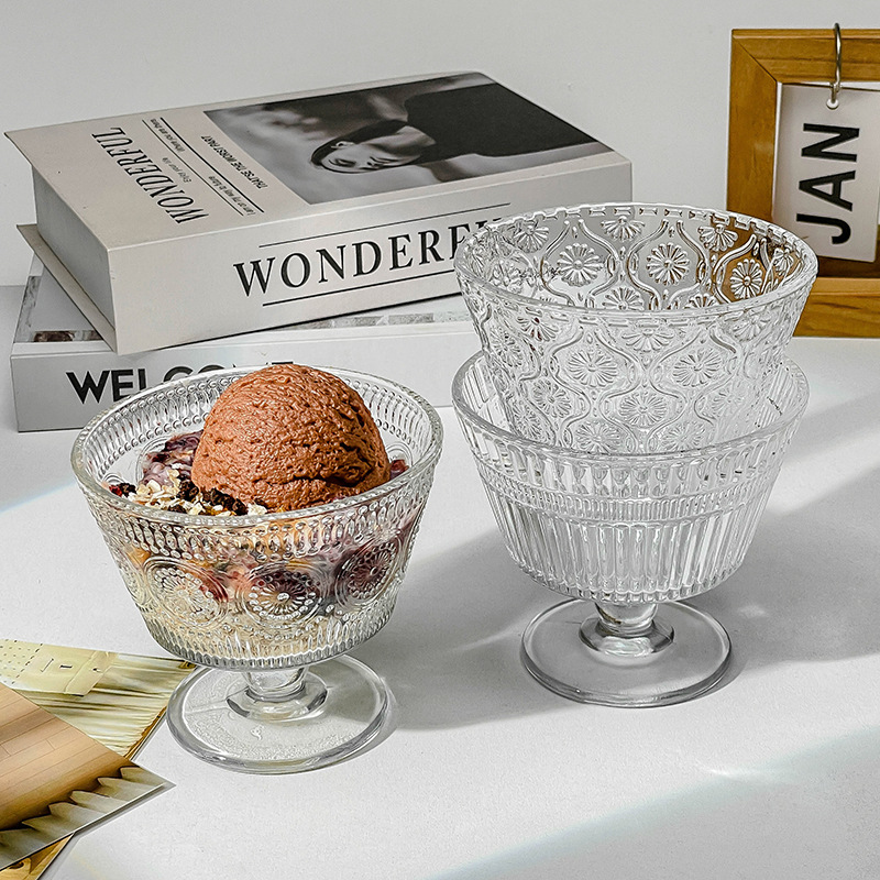 Retro embossed sunflower glass dessert cup, ice cream pudding, yogurt ice cream bowl, home oat breakfast cup details Picture