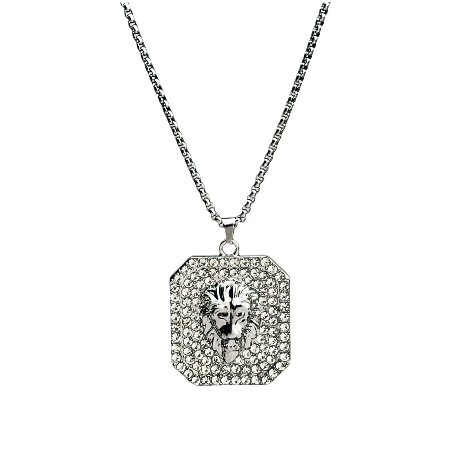 A popular European and American fashion hip-hop personality full diamond and powerful lion head necklace, square diamond-encrusted alloy pendant Item Picture