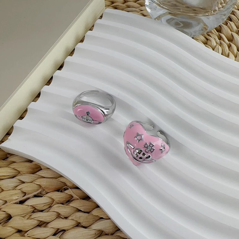 Sweet and cool style heart-shaped pink enamel drop glaze open ring, a niche design for women, a trendy and fashionable ring with a unique style full figure