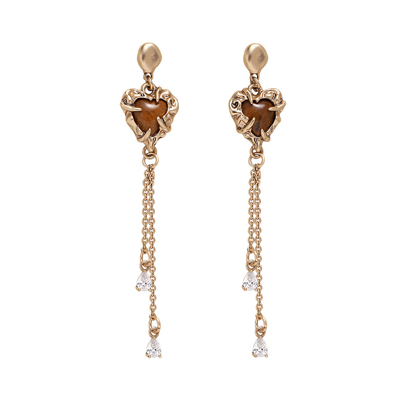 Original tiger's eye heart-shaped earrings, light luxury and high-end feel, artistic and retro, Meirad-style earrings, fashionable and elegant earrings Item Picture