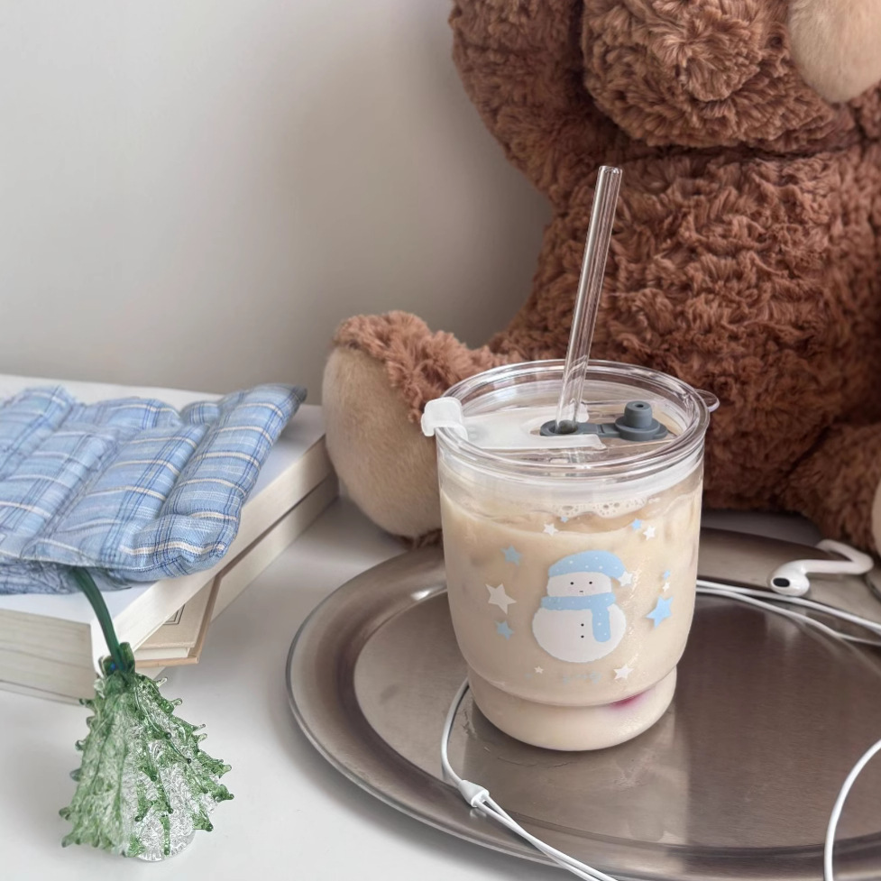 Bolimei custom straw cups, glass cups, high borosilicate water cups, heat-resistant glass cups, Korean-style cups full figure