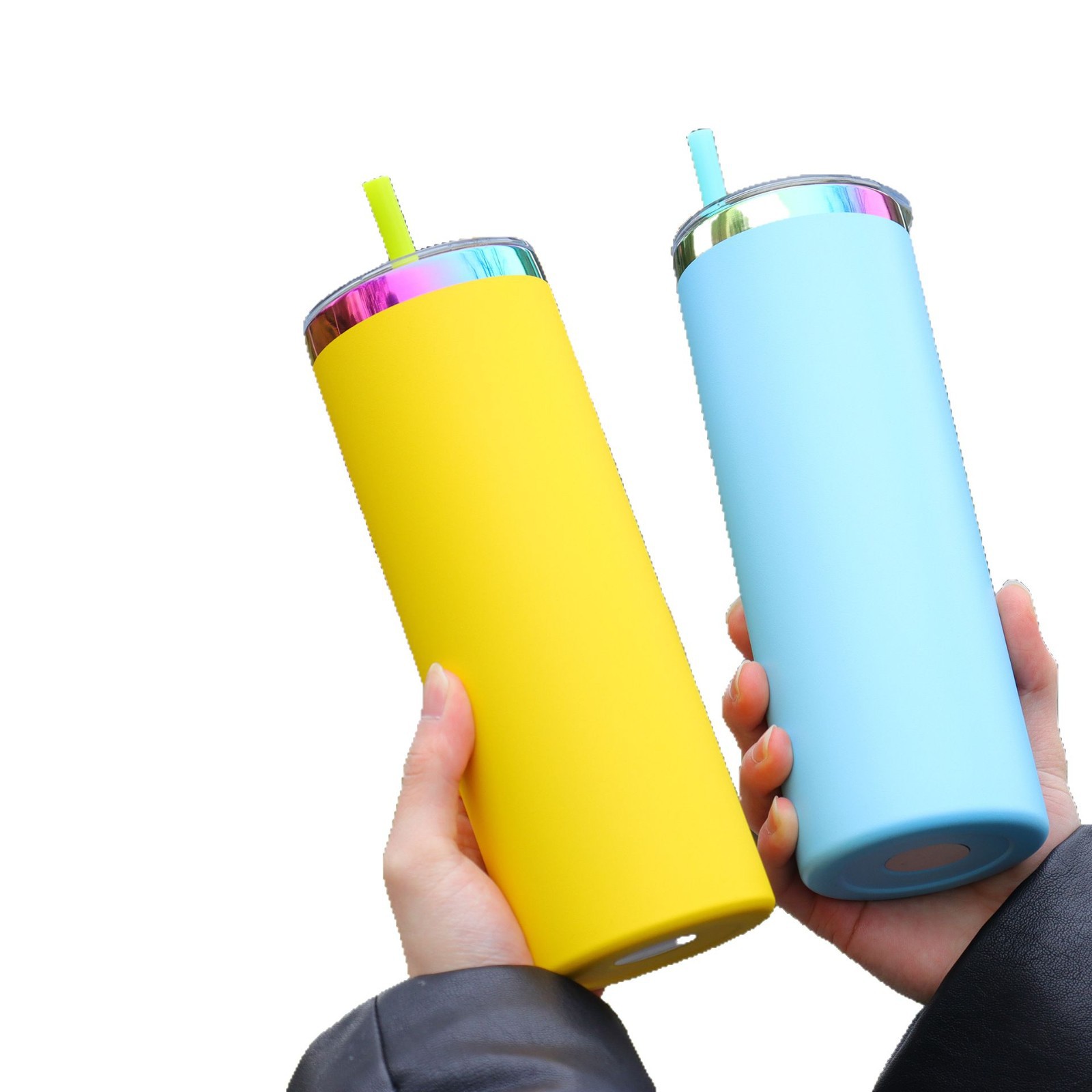 Colorful electroplated 20oz straight cup, slimming cup, coffee cup, transparent lid, powder-coated insulated cup, portable ice cup Item Picture