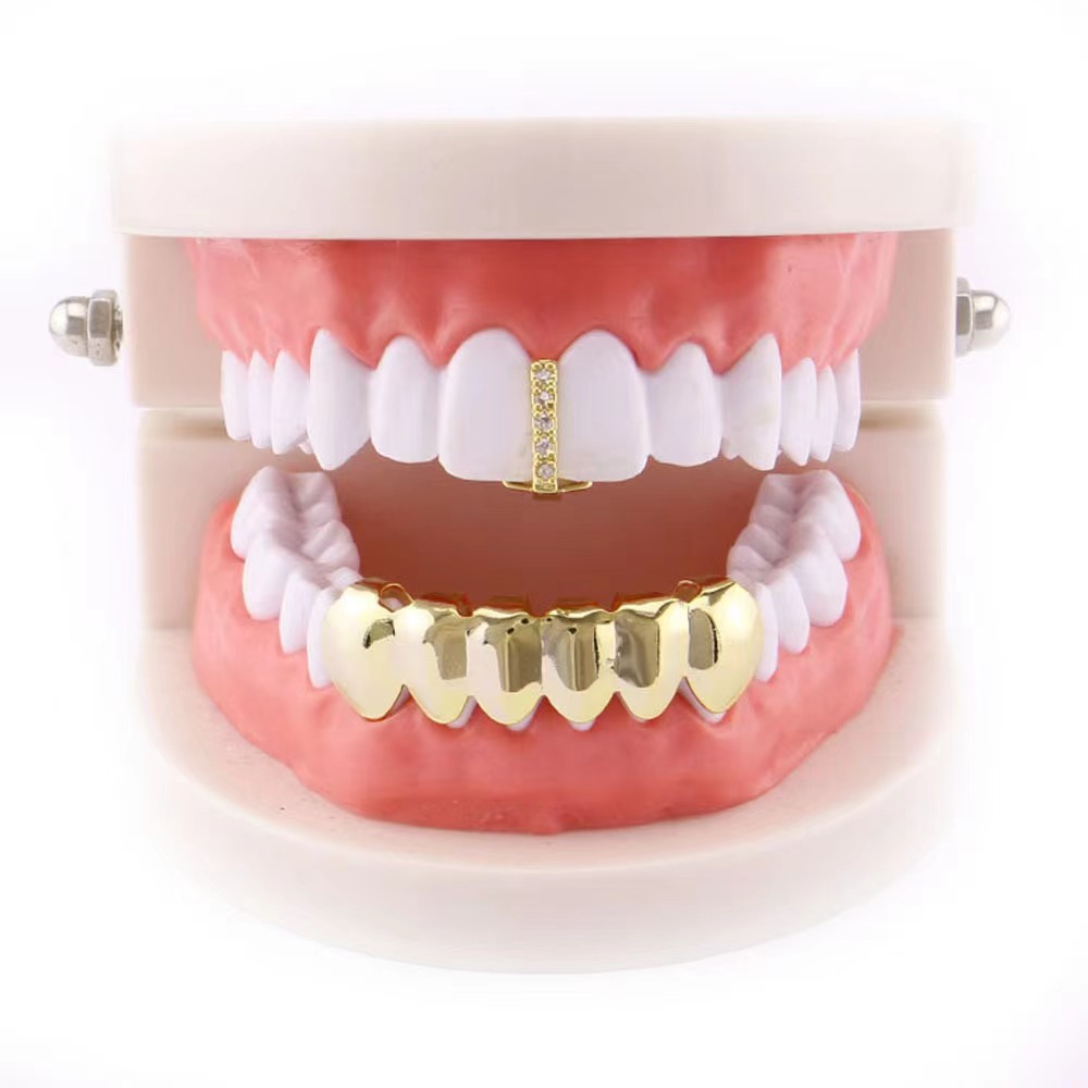 New hiphop glossy single zirconia set, European and American hip-hop braces, decorative glossy set, Vampire gold braces full figure