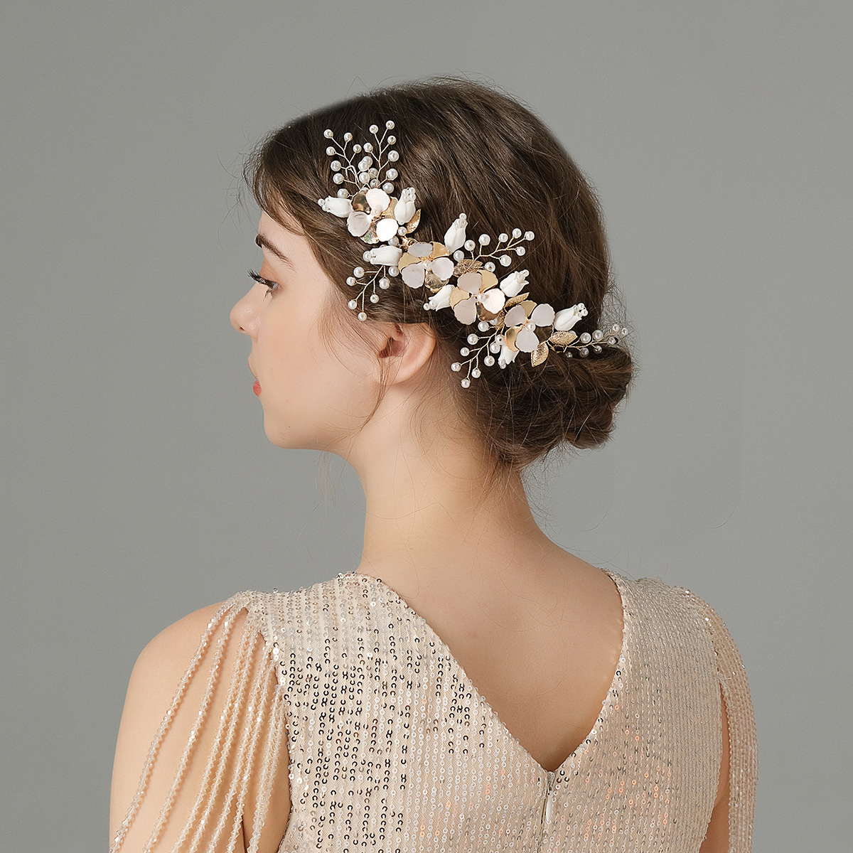 New Chinese-style bride's hair accessory, beautiful ceramic flower handcrafted headband, exquisite children's updo, thin-coated flower pearl hair band full figure