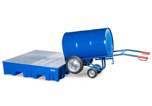 DENIOS steel round drum trolley, 205L iron and plastic drum handling trolley, oil drum unloading trolley, manual trolley undefined