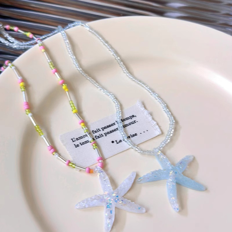 Dancing starfish, summer seaside, fresh dopamine, colorful y2k star beads collarbone chain, sweet and cool stacked necklace details Picture