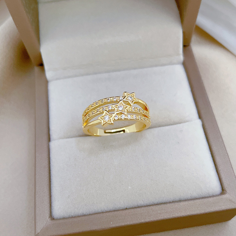 【 Real Gold 】 Three-layer star-studded ring with adjustable opening, simple Japanese-style bracelet, couple rings Specification drawing
