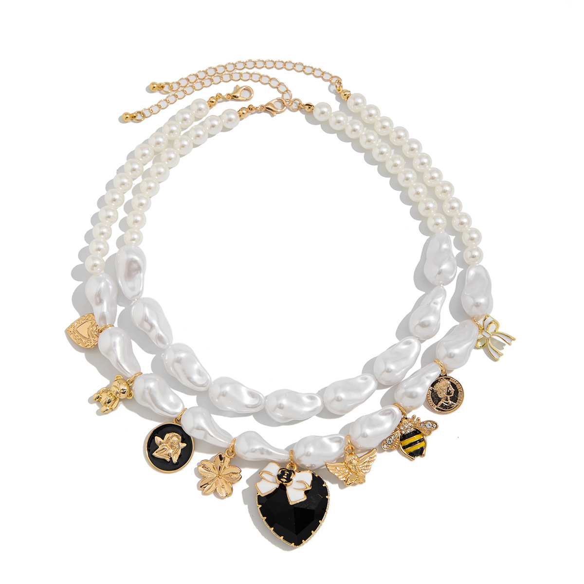 European and American cross-border jewelry: Baroque pearl beaded necklace, retro bee and butterfly alloy pendant, collarbone chain Item Picture