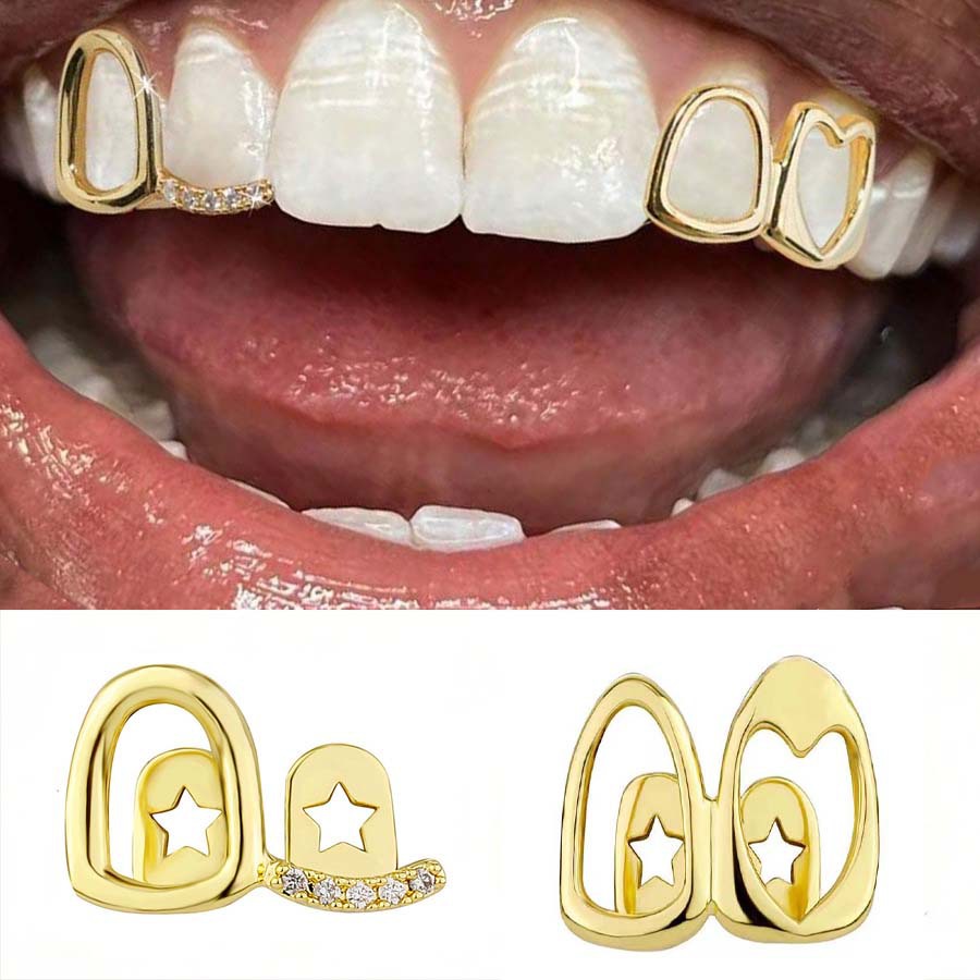 Hollowed-out heart-shaped stick diamond double-set braces, cool and shiny gold teeth for daily outings, hip-hop versatile cross-border accessories wholesale full figure