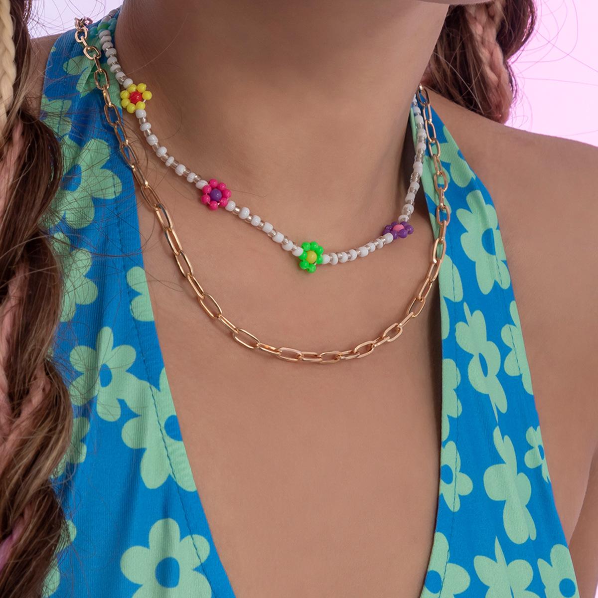 Ethnic style double-layer Daimi bead collarbone woven chain, European and American cross-border versatile small Daisy flower beaded necklace for women details Picture