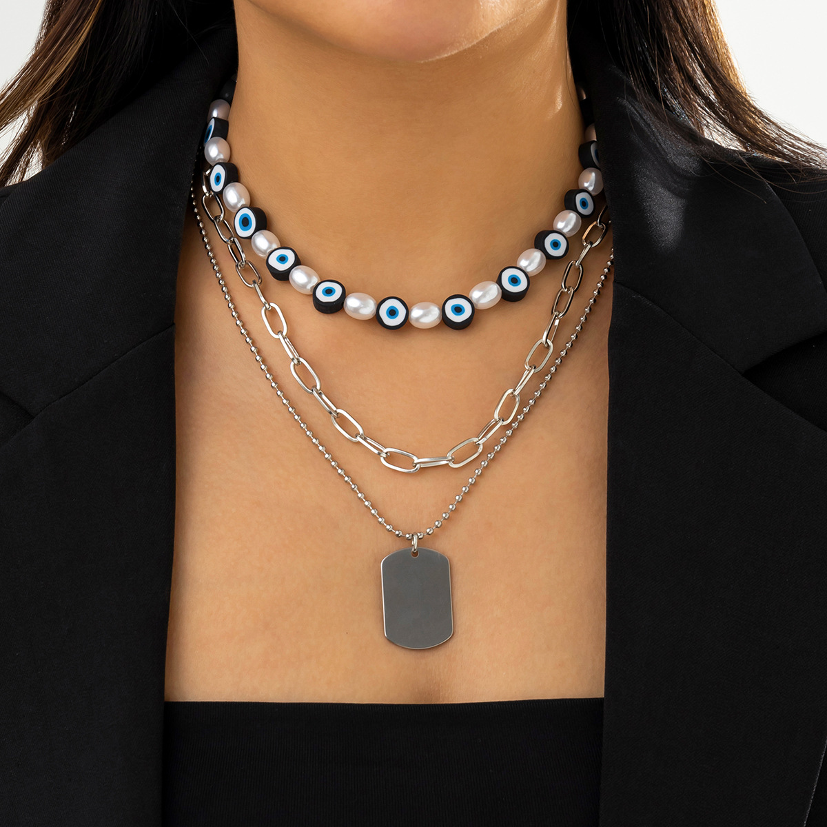 European and American cross-border jewelry, ethnic style fashion beaded devil eye necklace, punk hip-hop personality necklace Specification drawing