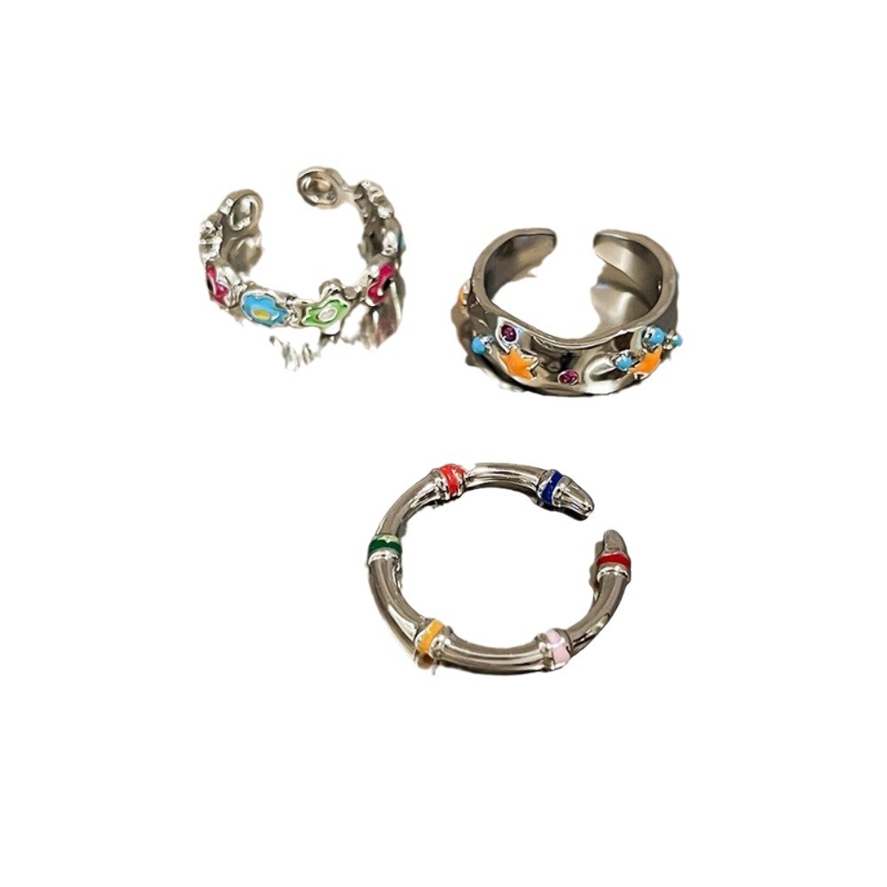 Retro-style colorful flower and star open ring for women, simple and niche design, adjustable personalized jewelry Item Picture