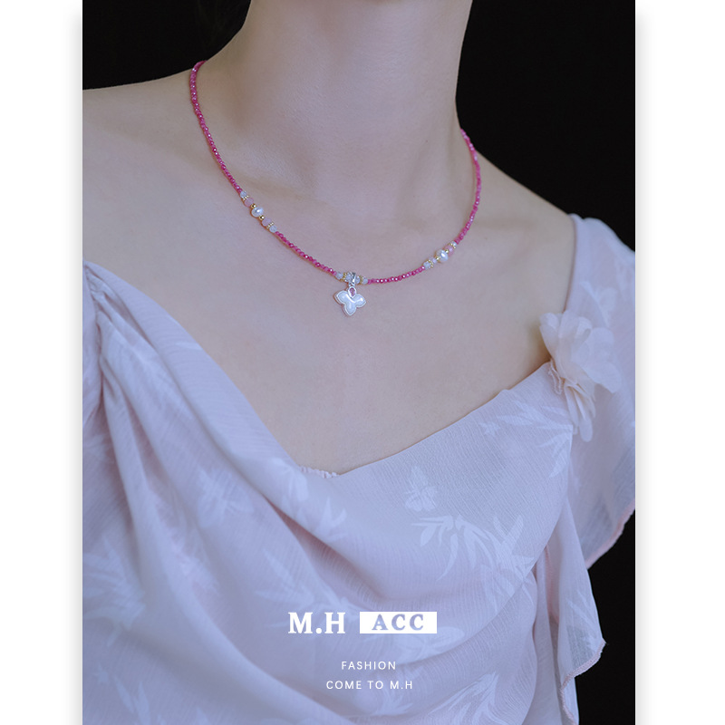 Dopamine pink Zircon shell necklace, a new trendy, light luxury and niche design, natural freshwater pearl accessory for women full figure