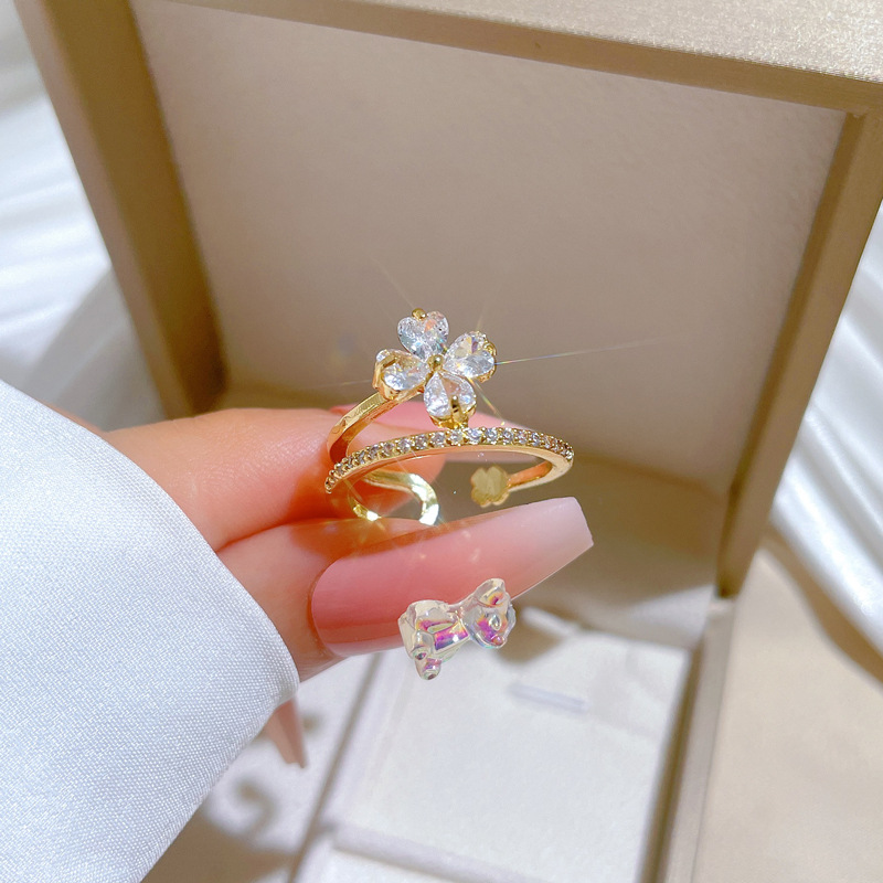 【 Real Gold 】 Lucky flower Full diamond ring with adjustable opening, simple Japanese-style ring couple rings details Picture