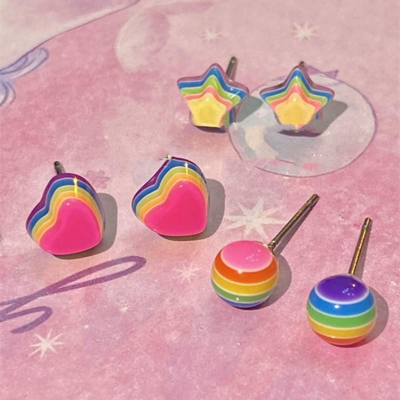 Dopamine Rainbow Candy Heart-shaped Star Stud Earrings for Women, niche design sense, unique personality, New Style 2025 Specification drawing