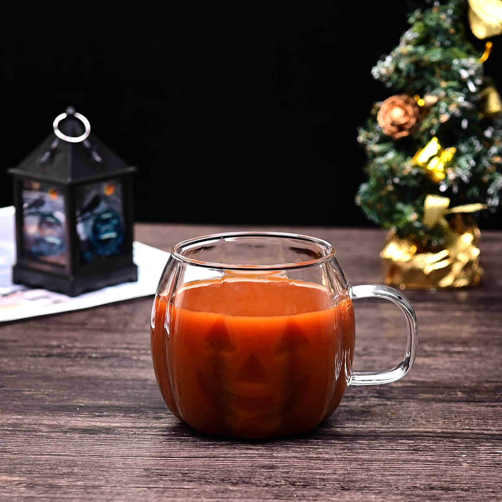 Halloween pumpkin cup, high borosilicate single-layer glass cup with handle, colorful striped garden Fun hand juice coffee cup Specification drawing