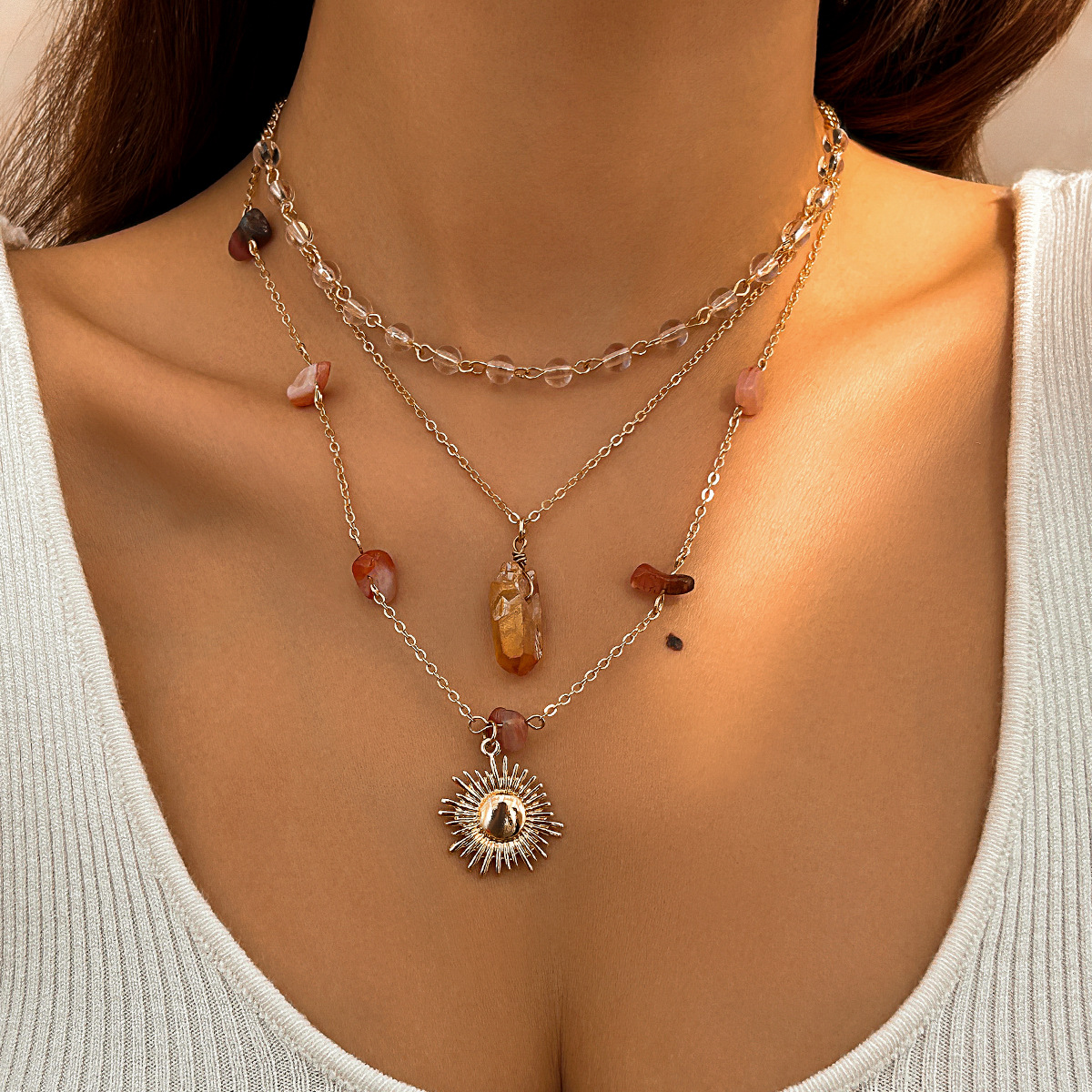 European and American cross-border jewelry vacation style Su crystal necklace, irregular sunflower alloy pendant collarbone chain details Picture