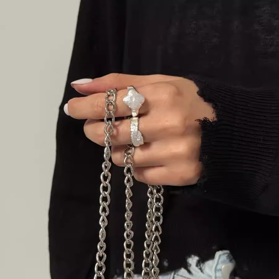 925 sterling silver special-shaped pearl four-leaf clover brushed leaf ring for women's ins sweet, cool and cold style niche design ring Item Picture