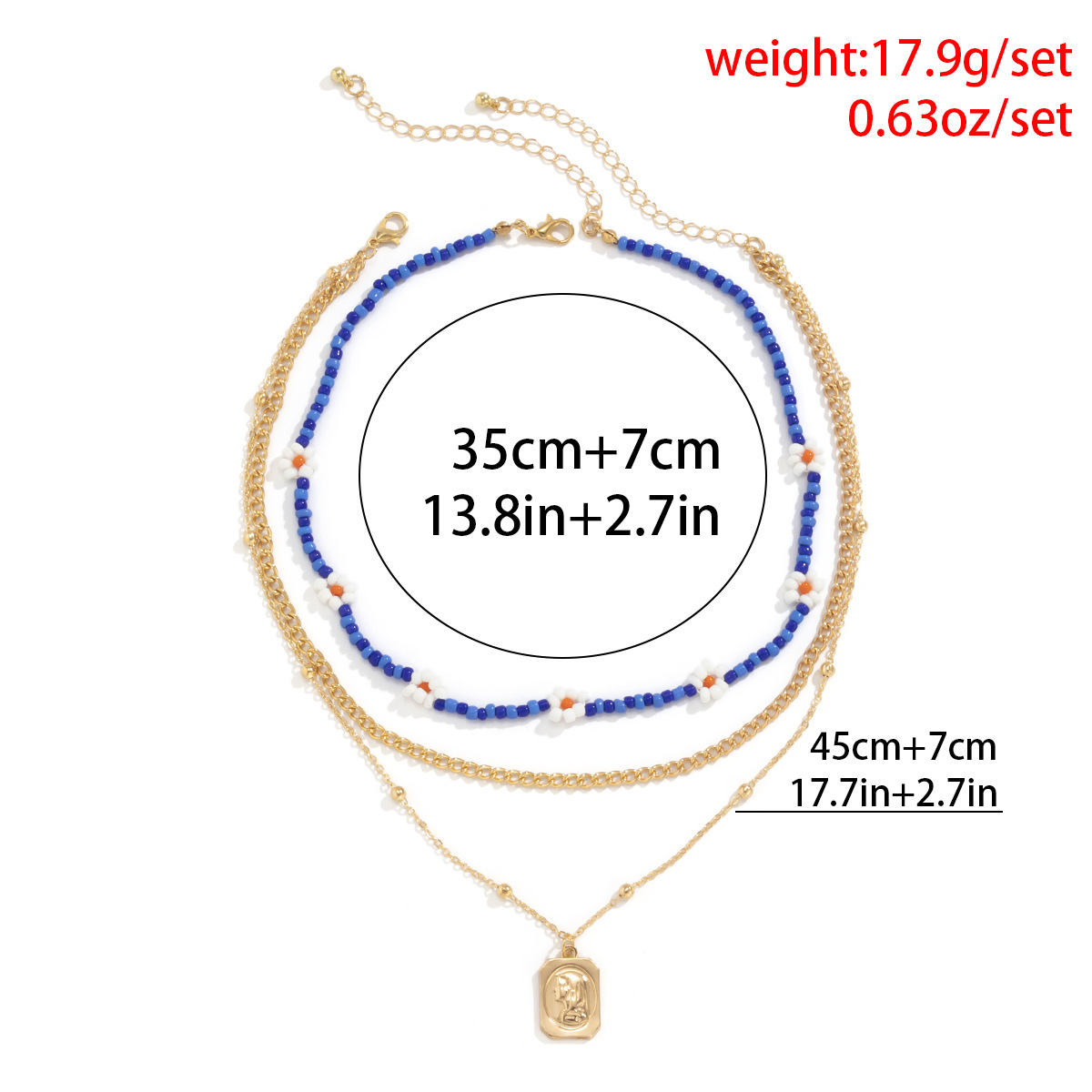 European and American cross-border personalized ethnic style small Daisy beaded colorful necklace, geometric floating engraved square plaque simple necklace for women Specification drawing