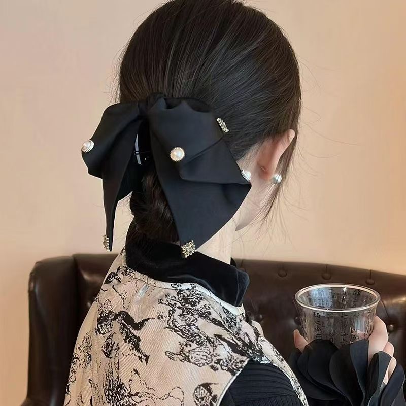 High-end satin bow clip for women's back head shark clip, elegant and versatile ponytail clip, fabric hair clip full figure