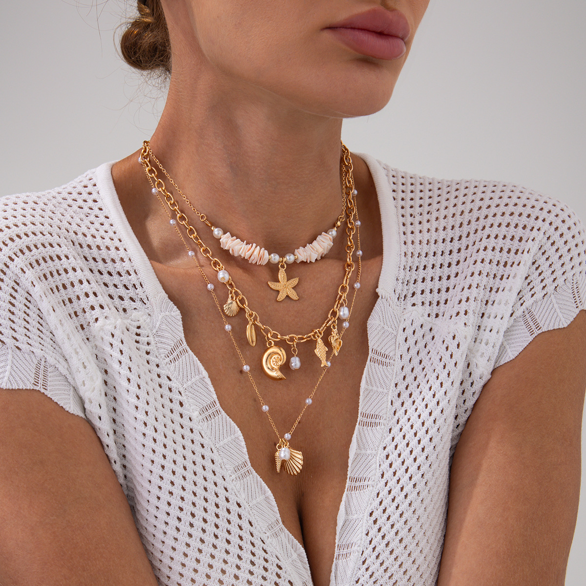 European and American cross-border vacation style starfish and conch pendant necklace, beach and ocean style shell imitation pearl necklace Specification drawing